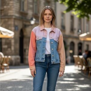 ASOS Denim Colorblock Jacket | Pastel Pink Blue Cropped Jean Jacket | US 8